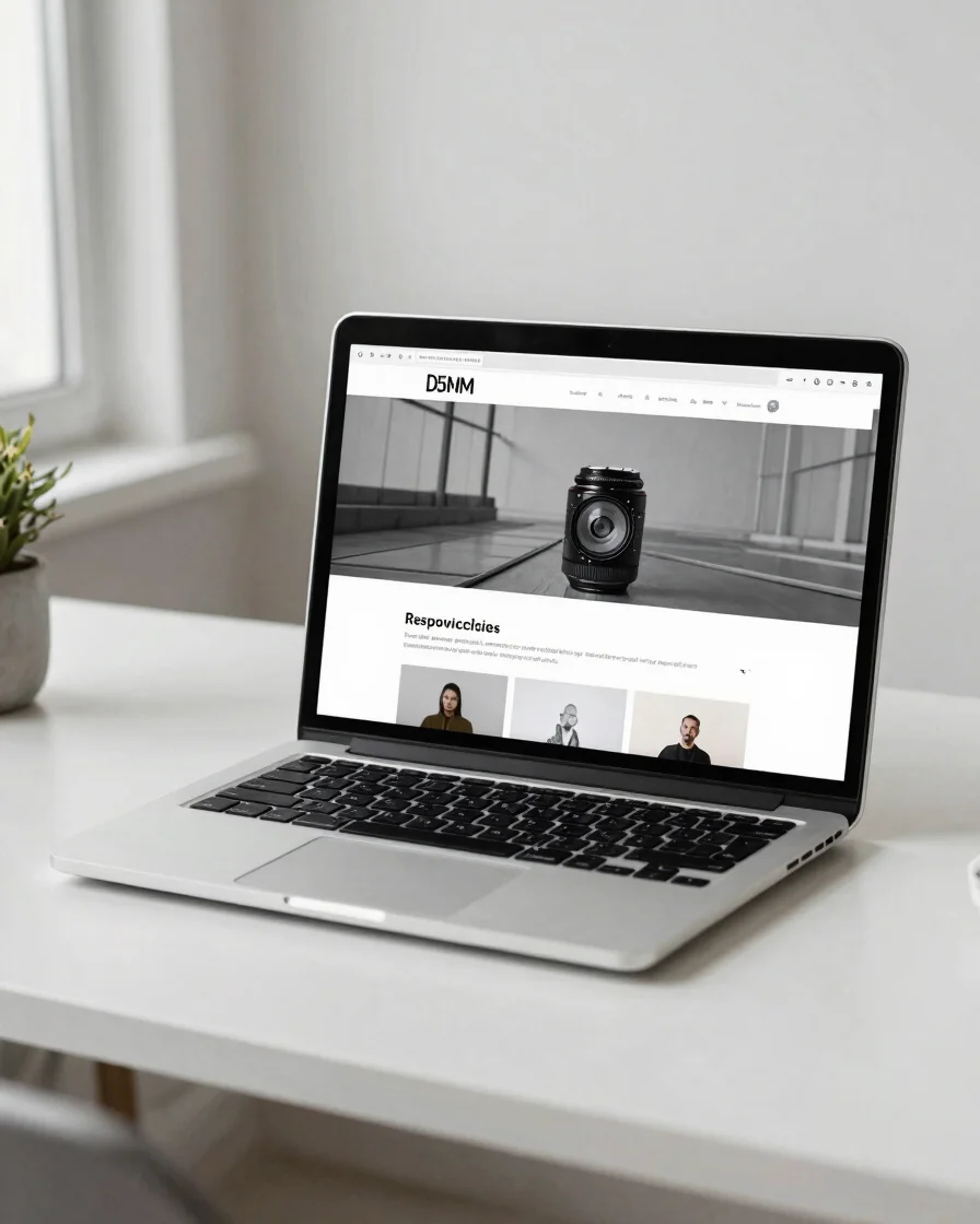 Clean digital editorial photography of a laptop displaying a responsive website layout on a clean desk, soft natural day