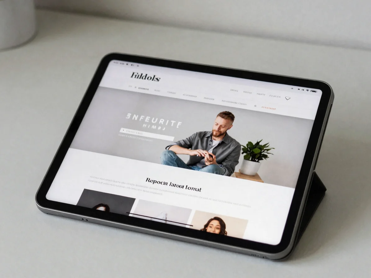 Close-up of a tablet displaying a responsive website layout beside a neutral desk, soft natural daylight, screens photog