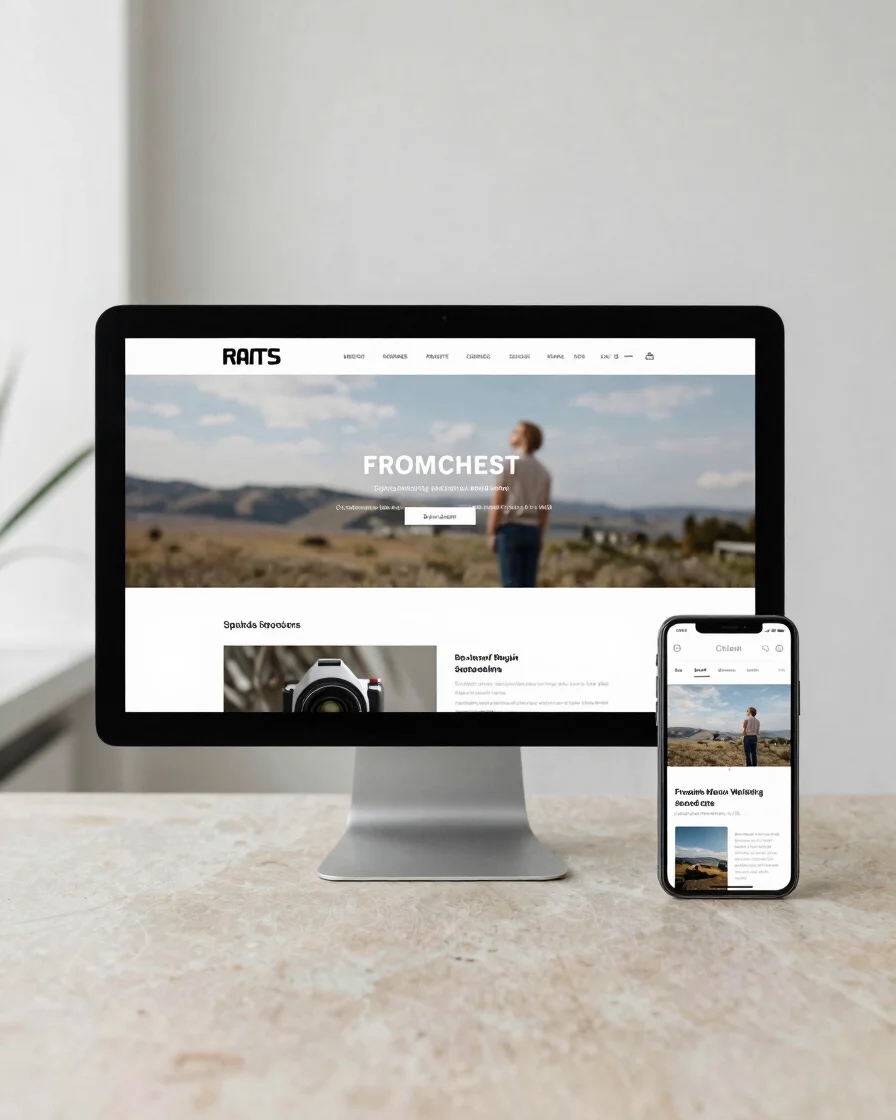 Clean desktop and mobile website mockups displayed on a neutral s