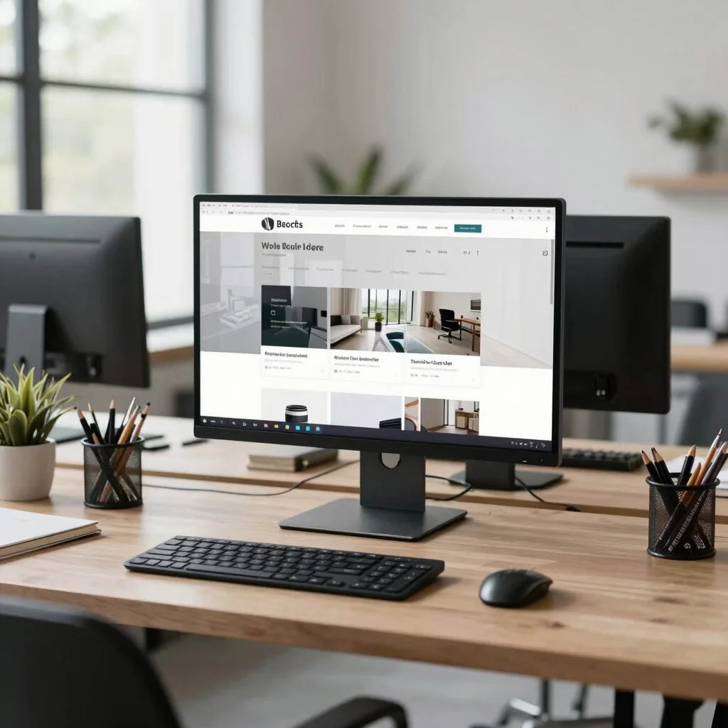 Wide contextual view of a designer's workspace with a screen show